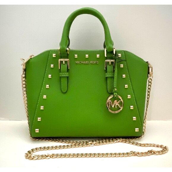Michael Kors New Green Satchel Gold Chain Crossbody Saffiano Leather 35T8GC6M2L - Picture 1 of 14